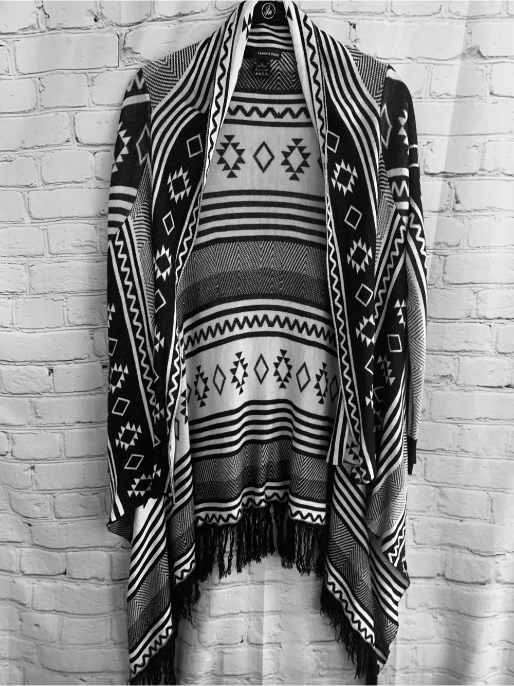 Black and White Aztec Fringe Open-Front Sweater